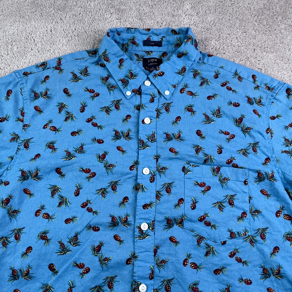 J Crew Shirt Mens‎ XL Blue Cotton Linen Slim Fit Pineapple Print Button Down